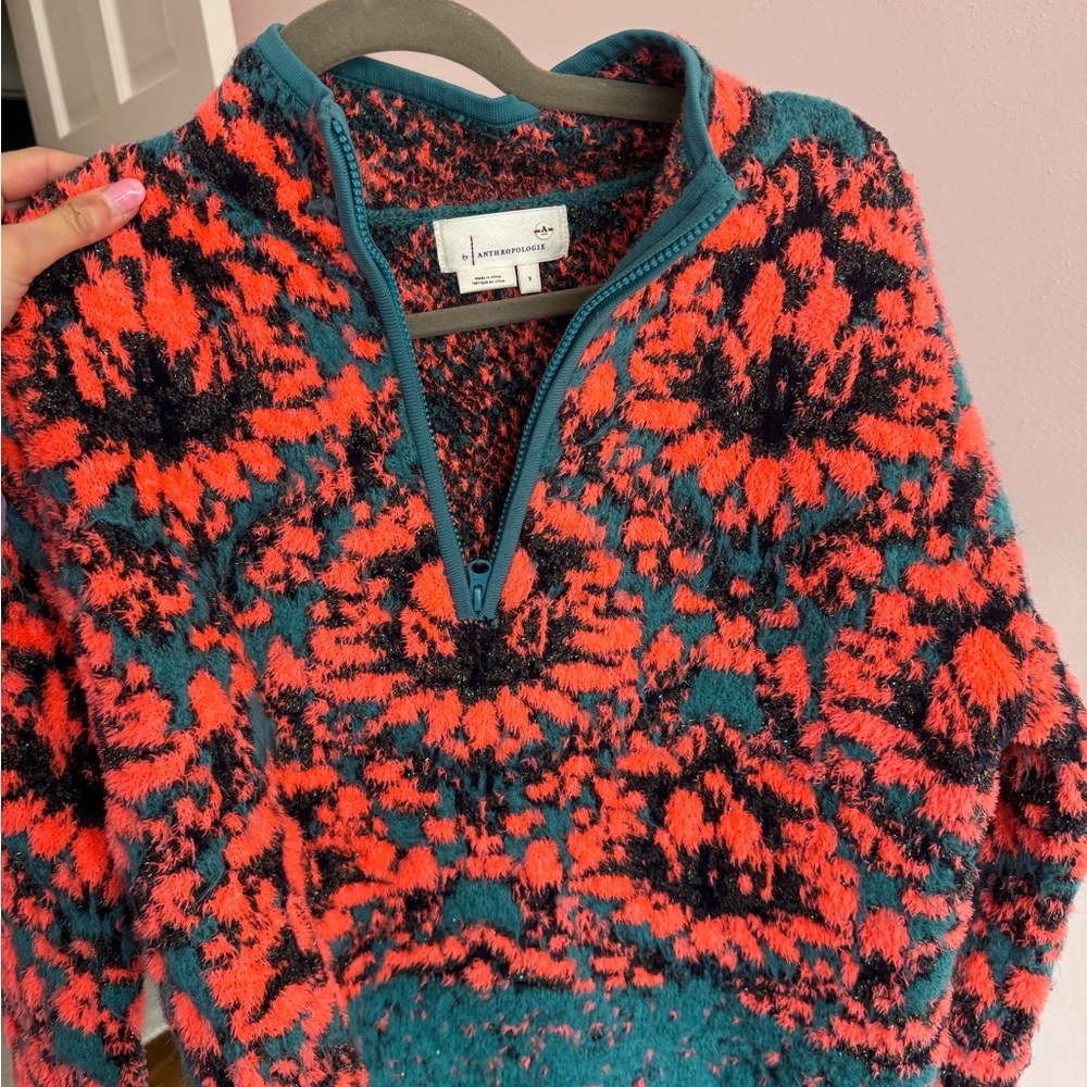 Anthropologie Teal, Coral & Black Fuzzy Quarter-Zip Sweater